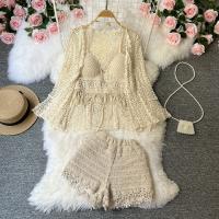 Polyester Women Casual Set backless & three piece & hollow short & camis & coat Solid Apricot Set