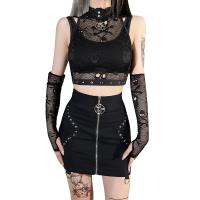 Polyester Women Casual Set see through look & two piece & hollow tank top & top patchwork skull pattern black Set
