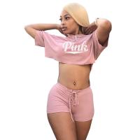 Polyester With Siamese Cap Women Casual Set & two piece short pants & top printed letter pink Set