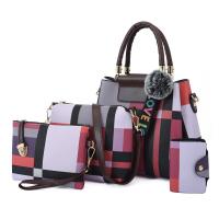 PU Leather hard-surface Bag Suit four piece & attached with hanging strap plaid Set