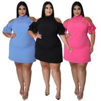 Polyester scallop & Plus Size One-piece Dress irregular & off shoulder patchwork Solid PC