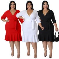 Polyester scallop & Plus Size Sexy Package Hip Dresses deep V patchwork Solid PC