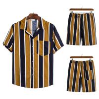 Polyester Slim Men Casual Set & two piece short & top printed striped Set