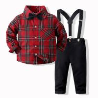 Polyester Slim Boy Clothing Set for boy & two piece suspender pant & top plaid red Set