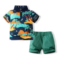 Polyester Boy Clothing Set for boy & two piece Pants & top printed green Set