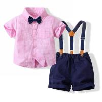 Cotton Slim Boy Clothing Set for boy & two piece suspender pant & top patchwork pink Set