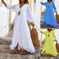 Cotton Linen One-piece Dress large hem design & mid-long style & deep V & loose Solid PC