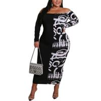 Polyester Plus Size & Sheath One-piece Dress & off shoulder printed PC