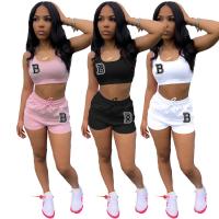 Polyester Women Casual Set & two piece short pants & tank top printed letter Set