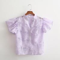 Polyester Slim Women Short Sleeve Shirt printed light purple PC