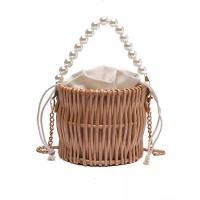 Straw Bucket Bag & Weave Woven Tote Cloth & Plastic Pearl Solid khaki PC