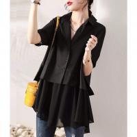 Cotton Plus Size Women Short Sleeve Shirt mid-long style & fake two piece & loose Solid black PC