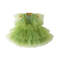 Polyester Princess Girl One-piece Dress large hem design patchwork Solid green PC