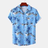 Polyester Slim Men Short Sleeve Casual Shirt printed tree pattern blue PC