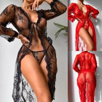 Polyester Sexy Bra Set see through look & two piece Sexy T-back & coat Set