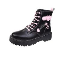 PU Leather front drawstring Women Martens Boots Rubber heart pattern black and pink Pair