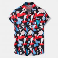 Algodón Hombres de manga corta camisa casual, impreso, geométrico, multicolor,  trozo