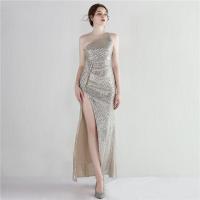 Sequin & Polyester Slim Long Evening Dress side slit & One Shoulder patchwork Solid PC