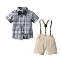 Cotton Slim Boy Clothing Set & two piece suspender pant & top patchwork plaid Set