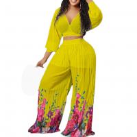 Polyester Wide Leg Trousers Women Casual Set deep V & two piece Long Trousers & top printed Set