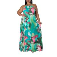 Polyester long style & Plus Size One-piece Dress backless printed green PC