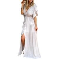 Polyester Slim & front slit One-piece Dress deep V patchwork Solid white PC