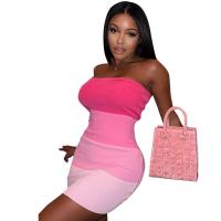 Polyester High Waist & Step Skirt Sexy Package Hip Dresses & tube patchwork pink PC