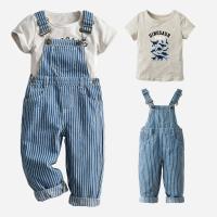 Cotton Boy Summer Clothing Set for boy & two piece suspender pant & top printed striped mixed colors Set