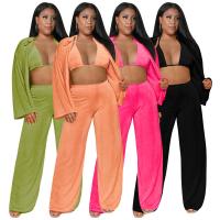 Polyester Plus Size Women Casual Set & three piece Long Trousers & tank top & coat patchwork Solid Set