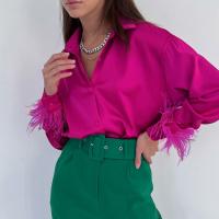 Polyester Women Long Sleeve Shirt & loose patchwork Solid fuchsia PC
