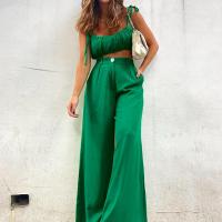 Cotton Women Casual Set & two piece Long Trousers & camis patchwork Solid green Set