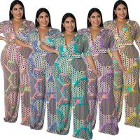 Polyester Plus Size Long Jumpsuit deep V printed PC