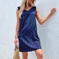 Polyester One-piece Dress & loose printed dot Navy Blue PC