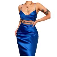 Polyester Slim Two-Piece Dress Set backless patchwork Solid blue Set
