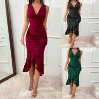 Polyester scallop & Slim Long Evening Dress patchwork Solid PC