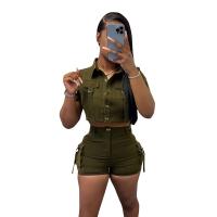 Spandex & Polyester High Waist Women Casual Set slimming & two piece short pants & top patchwork Solid army green Set