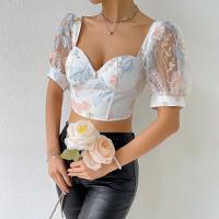 Polyester Lace Up Women Short Sleeve Blouses embroidered shivering PC