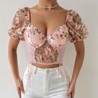 Polyester Vrouwen short sleeve blouses Geborduurd Rillen Roze stuk