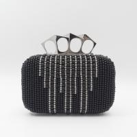 Polyester hard-surface Clutch Bag with chain & with rhinestone striped black PC