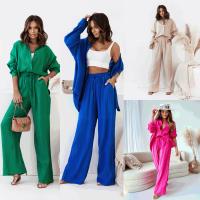 Polyester Women Casual Set & two piece & with pocket Long Trousers & top patchwork Solid Set