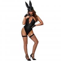 Polyester Sexy Bunny Costume backless & four piece mask & glove & teddy black Set