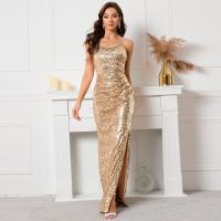Polyester Long Evening Dress side slit & backless Sequin gold PC