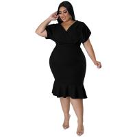 Polyester Plus Size Sexy Package Hip Dresses deep V patchwork Solid PC