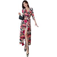 Polyester One-piece & Waist-controlled & long style One-piece Dress deep V printed shivering PC