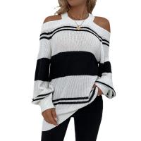 Acrylic Women Sweater backless & off shoulder & loose Polyester knitted striped PC