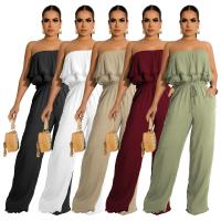 Polyester Long Trousers & scallop & High Waist Long Jumpsuit & tube Solid PC