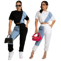Polyester long style Women Casual Set & two piece Long Trousers & top patchwork white and black Set