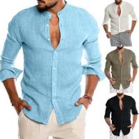 Linen Slim Men Long Sleeve Casual Shirts plain dyed Solid PC