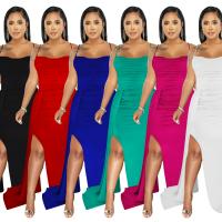 Polyester One-piece Dress side slit patchwork Solid PC