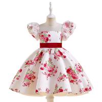 Polyester Slim & Princess Girl One-piece Dress large hem design patchwork floral red and white PC